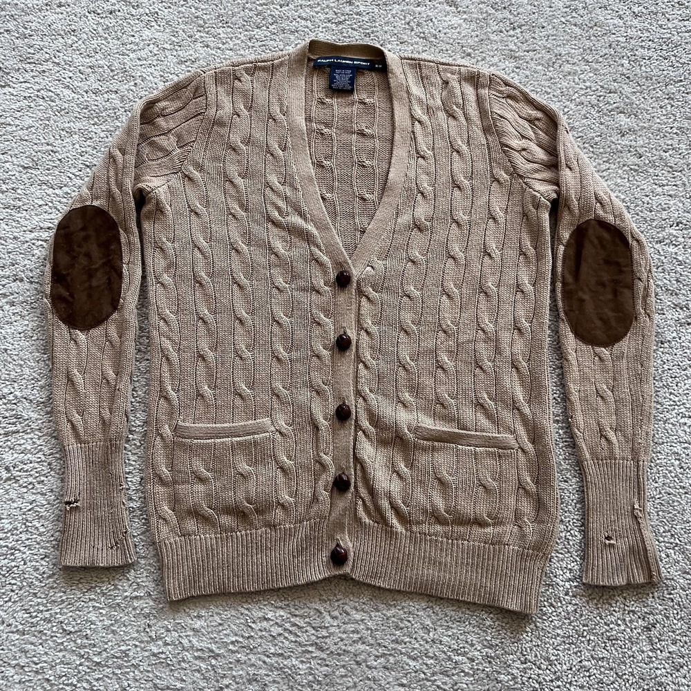 Ralph Lauren Sport Cable Knit Suede Elbow Patch Cardigan Sweater Womens M Beige